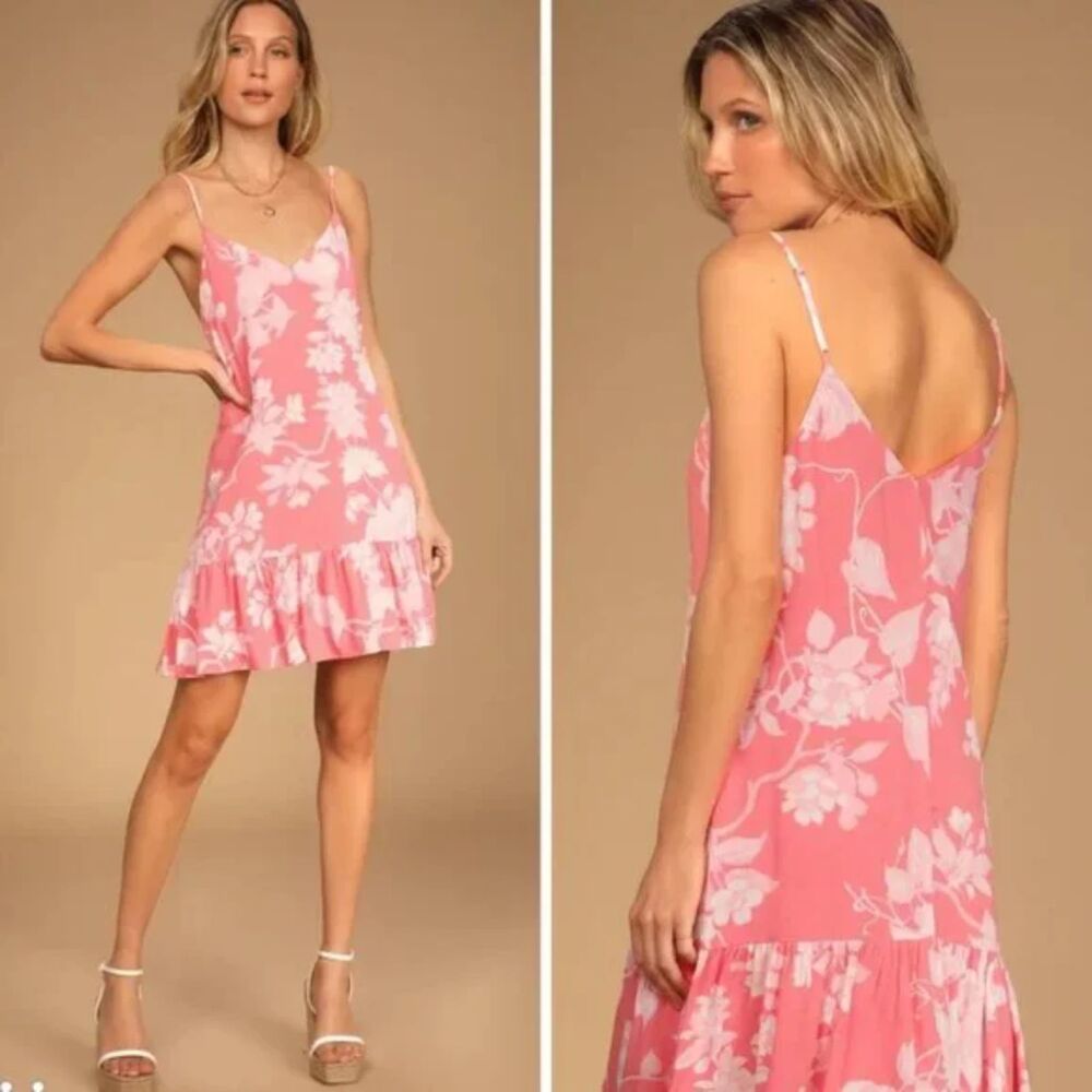 Lulus Garden Bloom Floral Ruffled Shift Dress Pink White Size S NWT